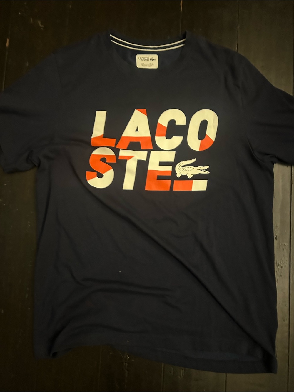 Lacoste Navy Short-Sleeve Logo Tee with White and Orange Accents